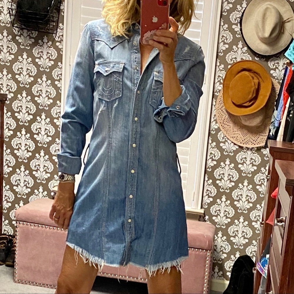 NWIT True Religion Distressed Jean Snap Shirt Dress  Sz M